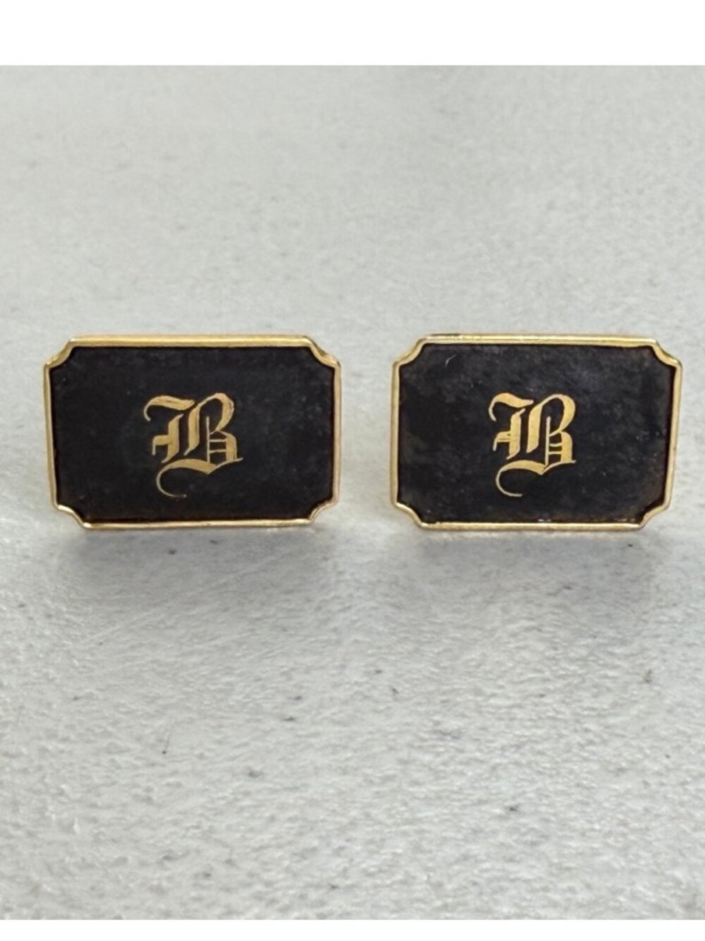 Vintage Letter B Cuff Links 60s Amita Japan Gold Tone Black Initial Cufflinks